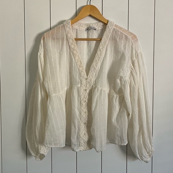 Zara Balloon Sleeve V-neck Blouse - Picture 3 of 5